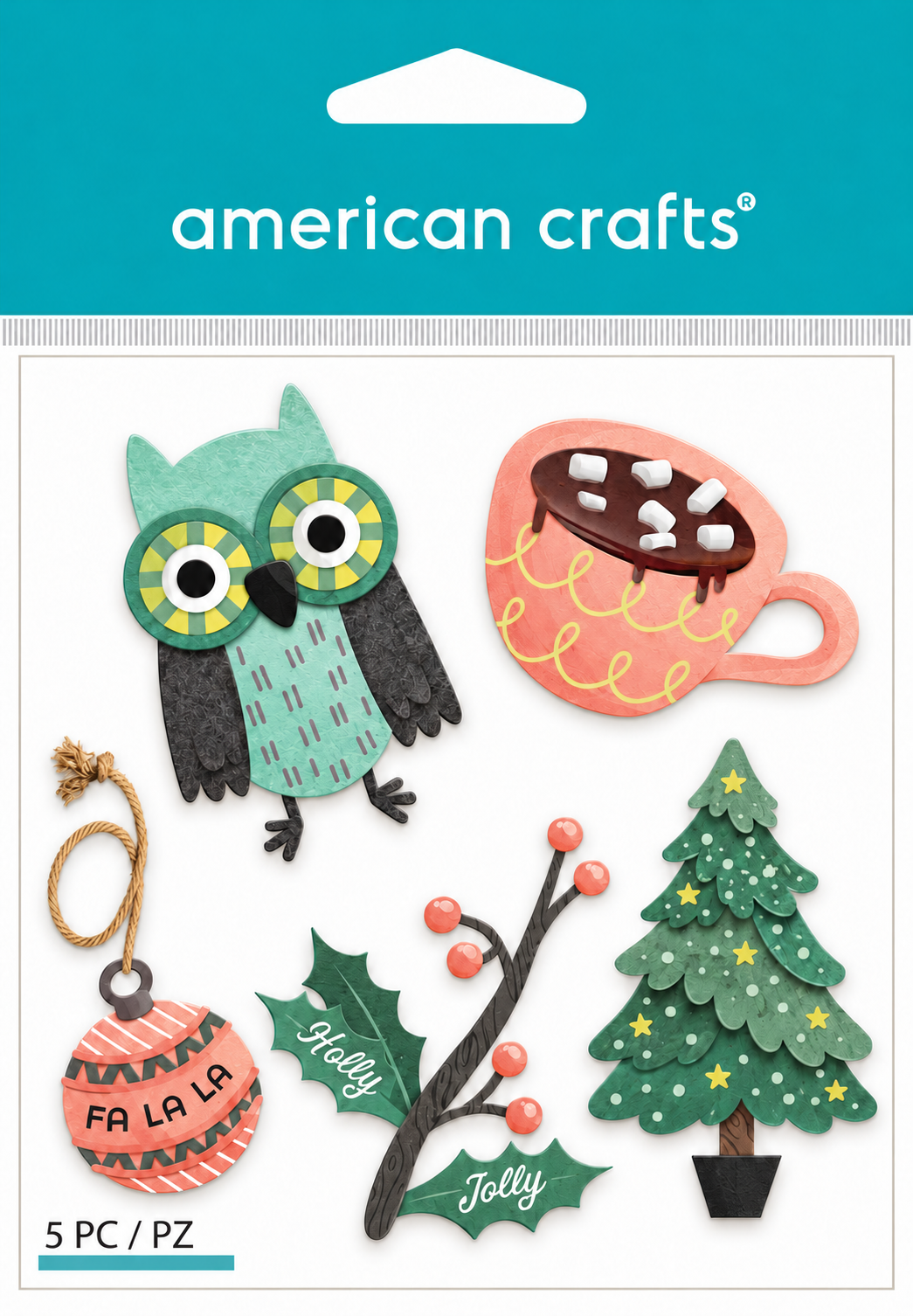 American Crafts holiday sticker collection featuring an owl, cocoa mug, ornament, holly, and Christmas tree
