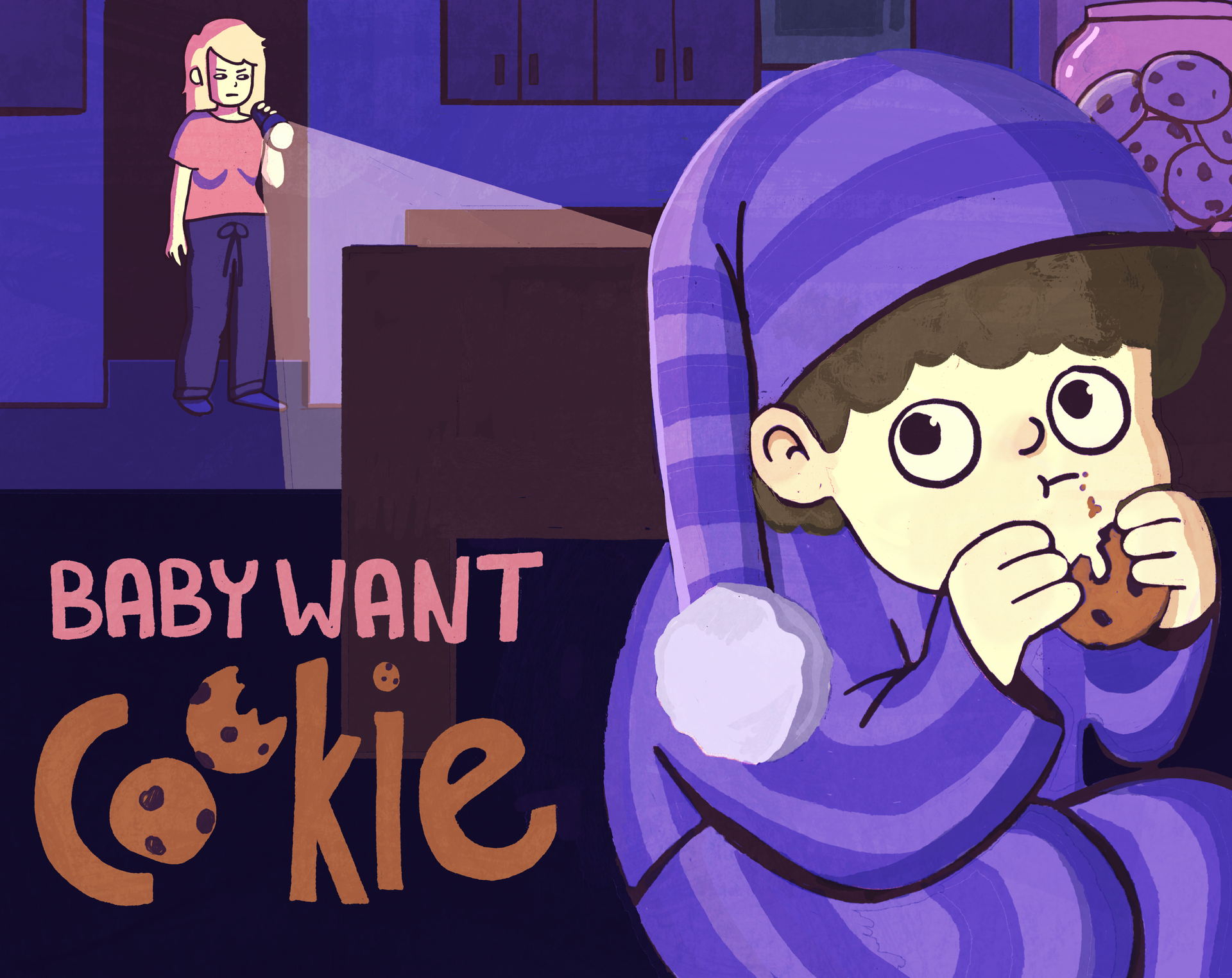 Illustrated Baby Want Cookie game cover featuring a child eating a cookie