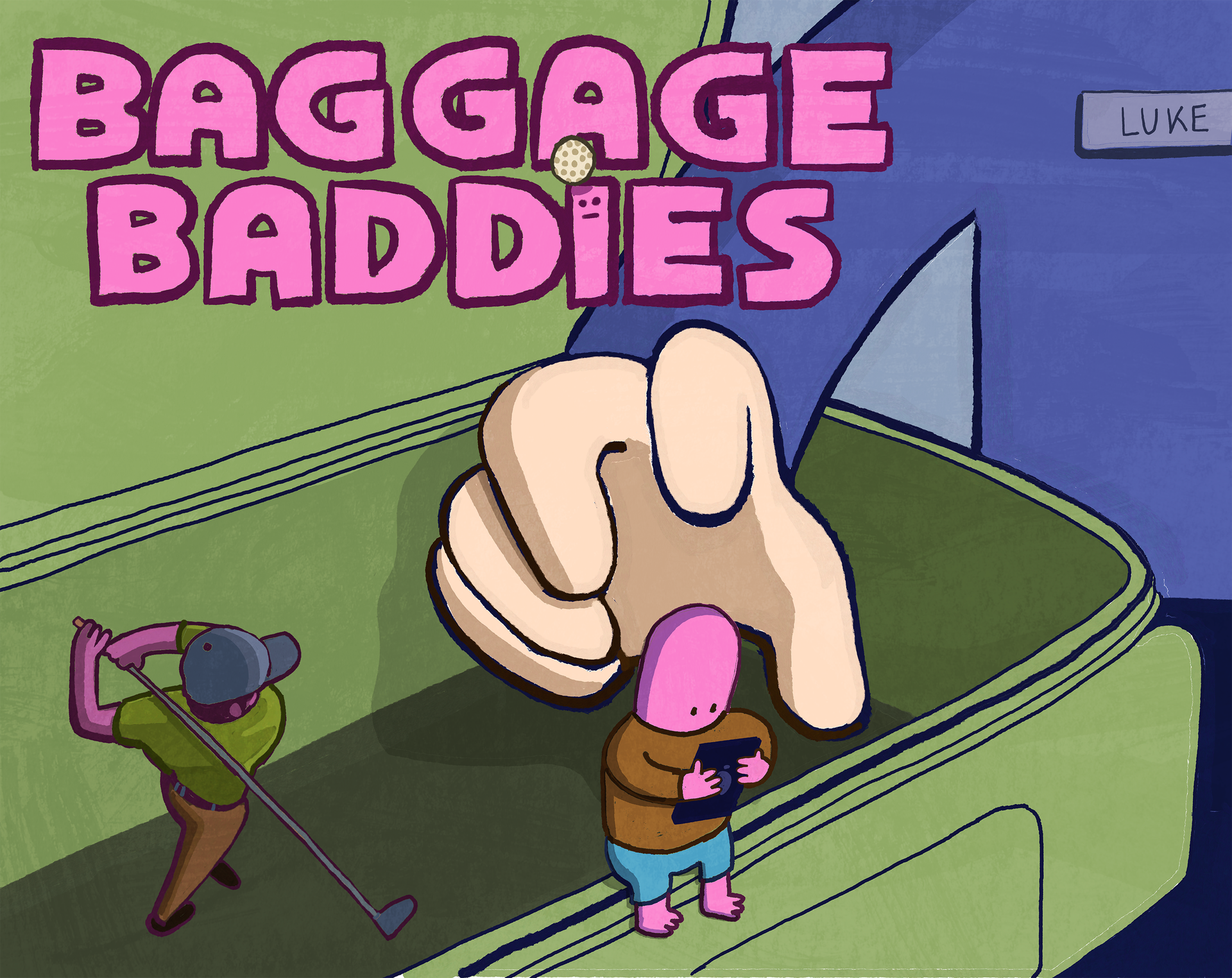 Illustrated Baggage Baddies game cover featuring a suitcase and characters
