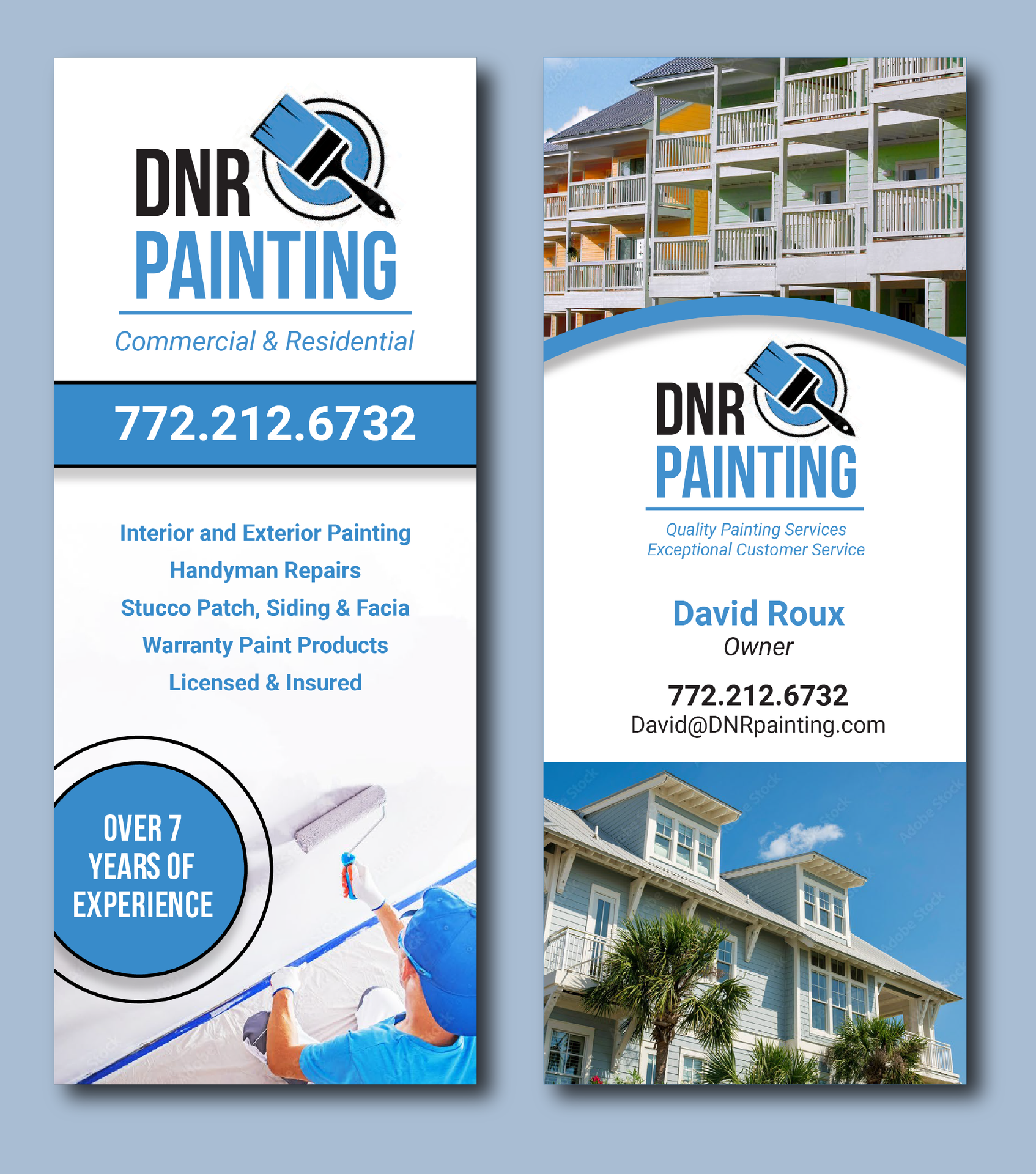 DNR Painting rack card front and back with logo and branding