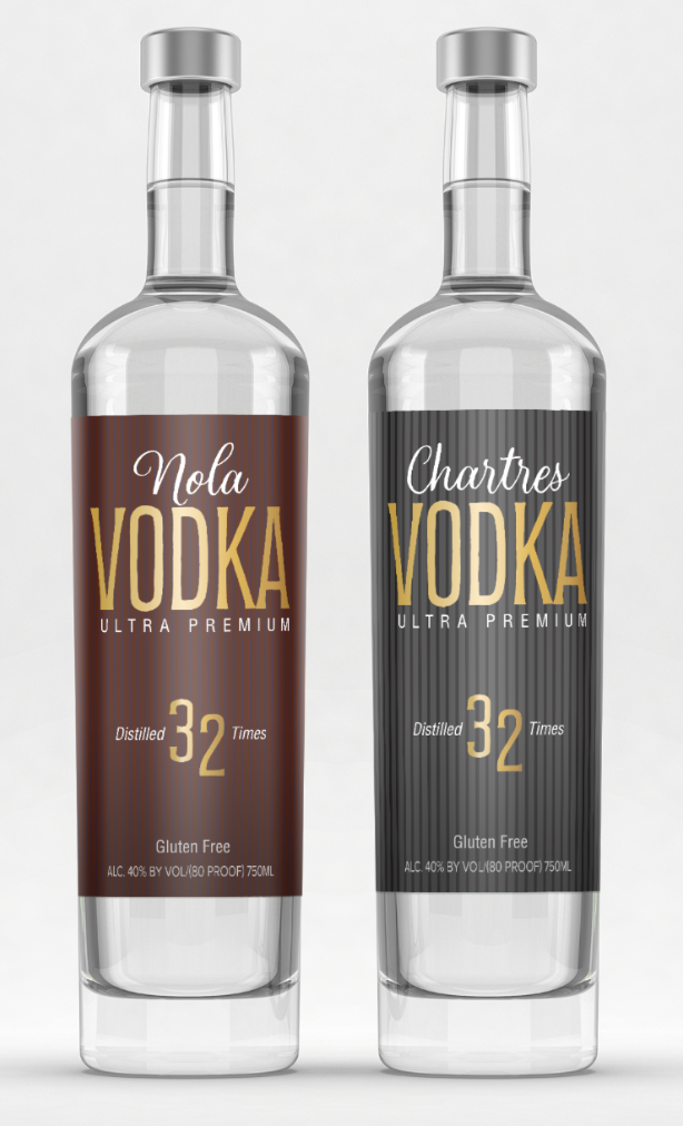 Nola and Chartres Vodka bottle label designs
